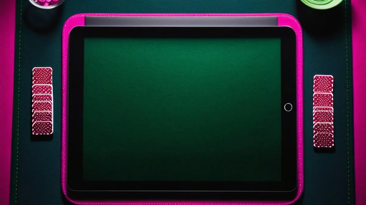 Tablet sobre un tapete verde con naipes, fichas y bordes rosas iluminados