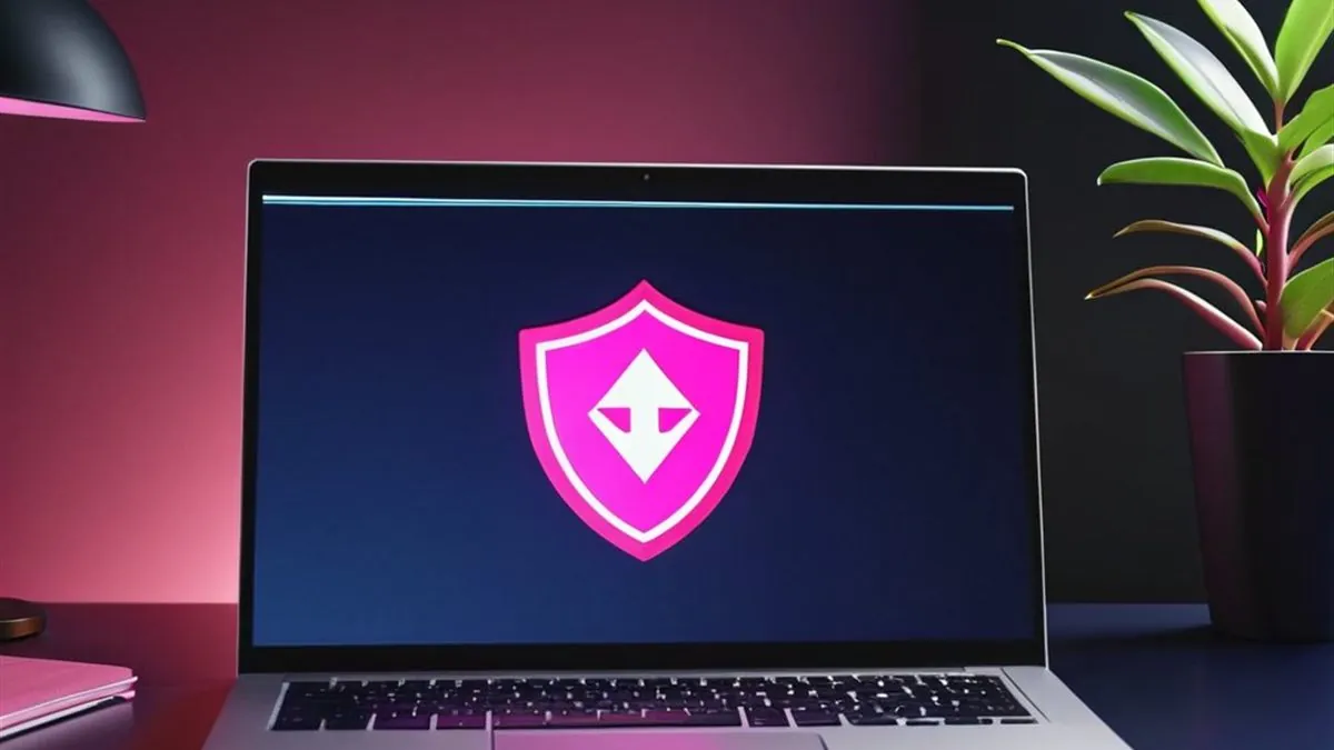 Laptop con un escudo rosa luminoso en la pantalla junto a una planta