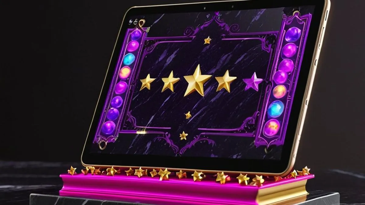 Tablet con una tragamonedas de estrellas doradas y gemas moradas sobre mármol negro