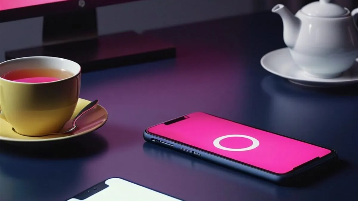 Dos celulares con pantallas rosa y blanca junto a una taza de té en el escritorio