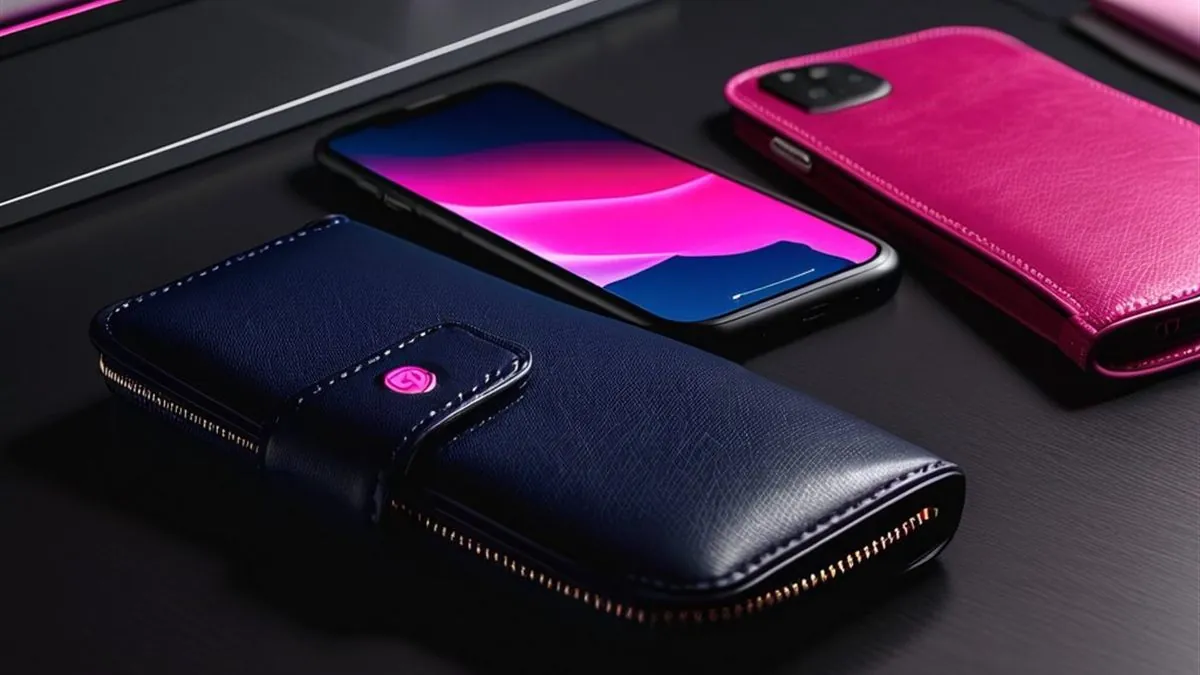 Celular sobre una cartera azul oscuro junto a una funda rosa en el escritorio